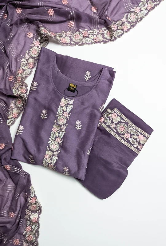 Purple Floral Georgette Three Piece(DN#287-1) Stitched