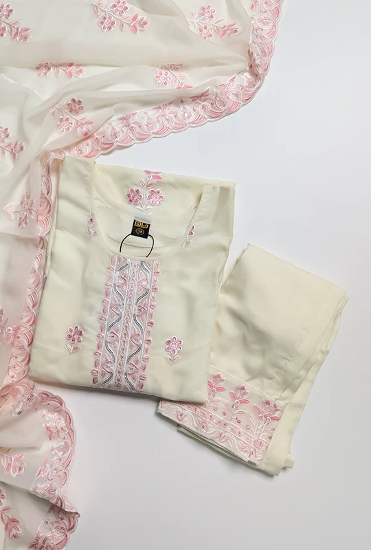 Cream Floral Embroidered Georgette Three Piece (DN#294) Stitched